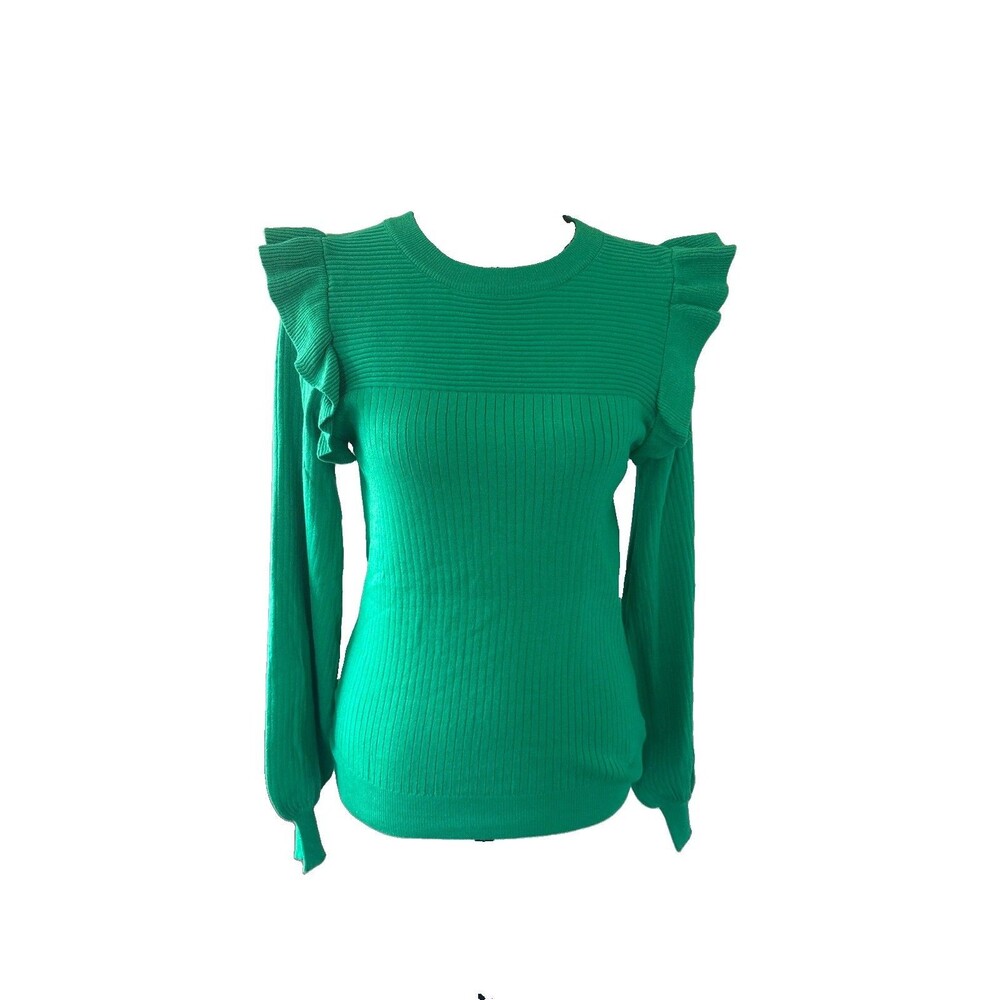 &merci Avara Ribbed Ruffle Shoulder Sweater Womens Medium Kelly Green Soft Knit